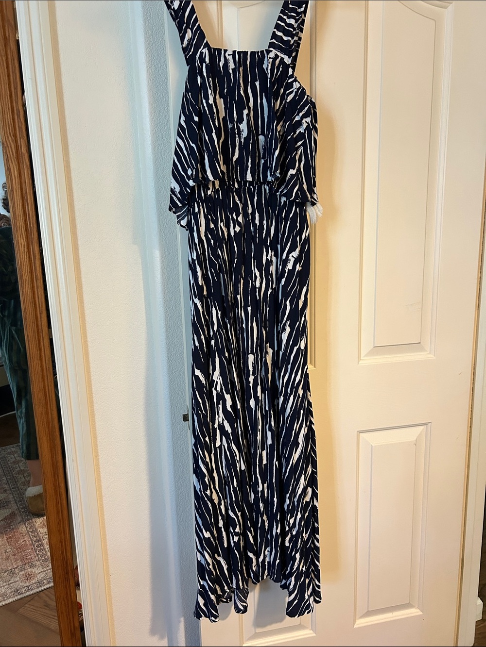 Aakaa Navy and White Printed Maxi Dress with Ruffle Bodice
